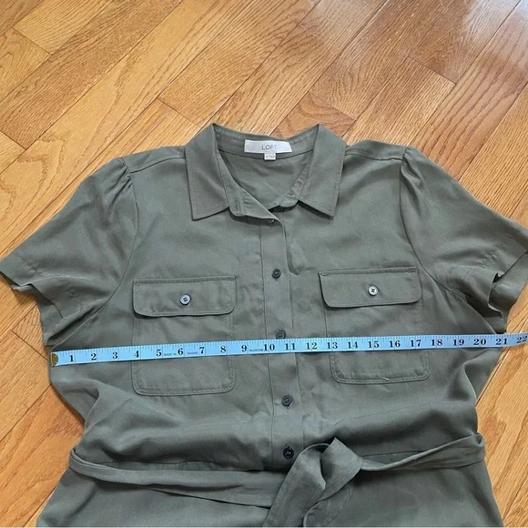 LOFT Women's Size 12 Olive Green Button-Up Romper with Cuffed Shorts + Tie Waist - Picture 5 of 16